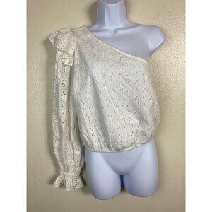 Cami NYC One Shoulder White Eyelet Blouse Top size Small Puff Sleeve Ruffle Cuff